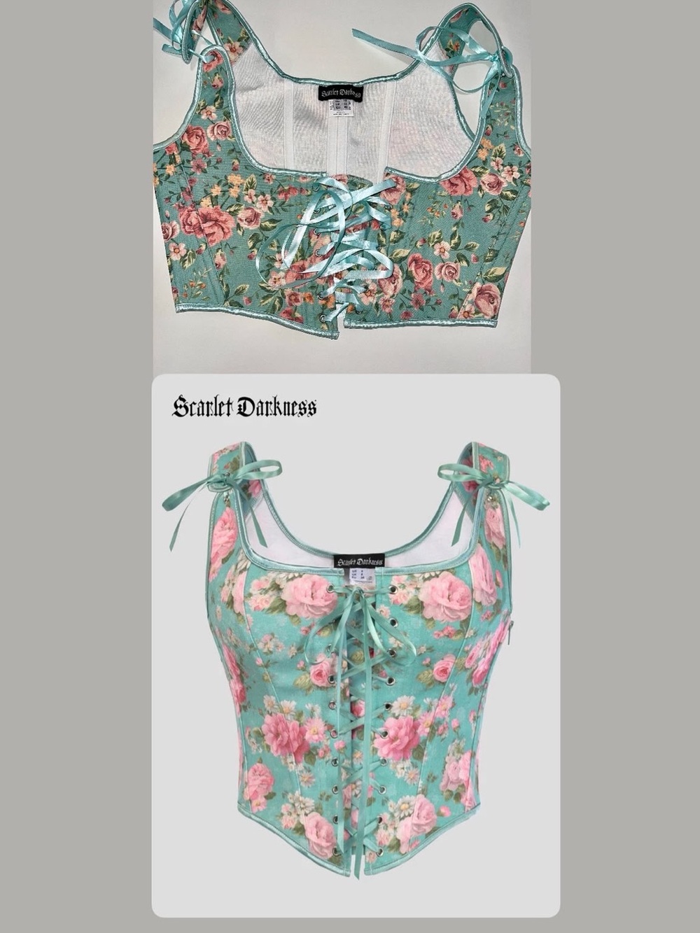 Scarlet Darkness Floral Corset Crop Top — Mint with Pink Roses